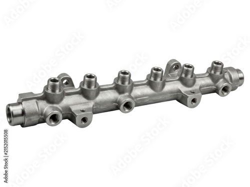 High pressure common rail fuel injection manifold on a transparent backdrop