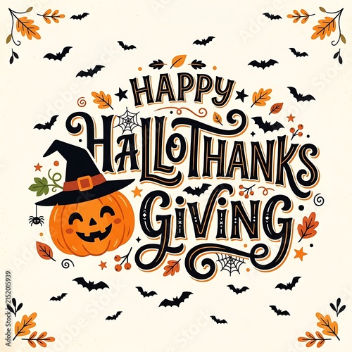 Halloween pumpkin and Thanksgiving turkey fusion greeting with spooky autumn bats and leaves
