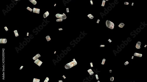 Falling rolled up USD bills loop Rain Wealth.