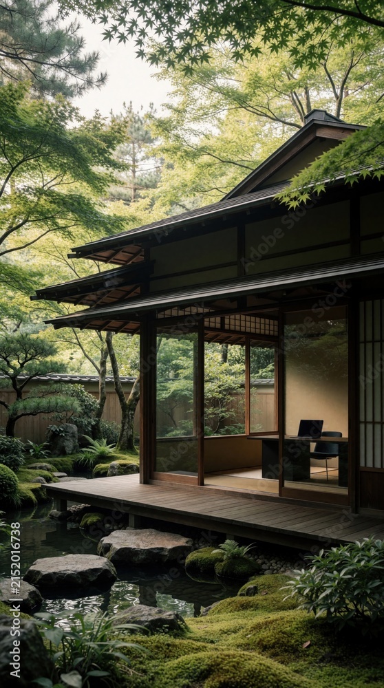 Obraz premium Traditional Japanese tea house interior repurposed as minimalist home office. Laptop on desk in room overlooking lush green zen garden and water pond. Peaceful workspace blend nature serenity.