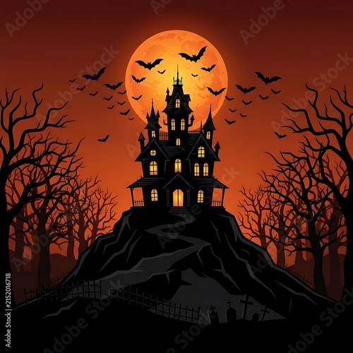 Haunted gothic mansion on hill at night with full moon and flying bats in spooky atmosphere