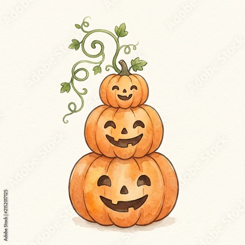 Hand-drawn stacked Halloween pumpkins with smiling faces and green vines illustration
