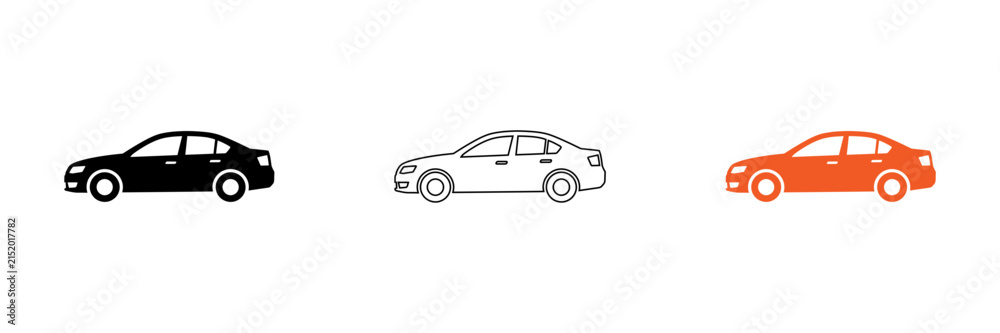 Fototapeta premium Three stylized cars in different colors side by side illustration isolated on transparent background, Vector