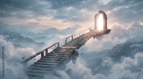 Broken stone stairs floating in a cloudy sky leading to light