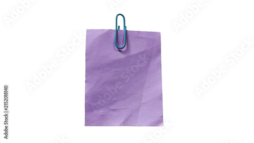 Purple paper note with metallic paperclip isolated on transparent background