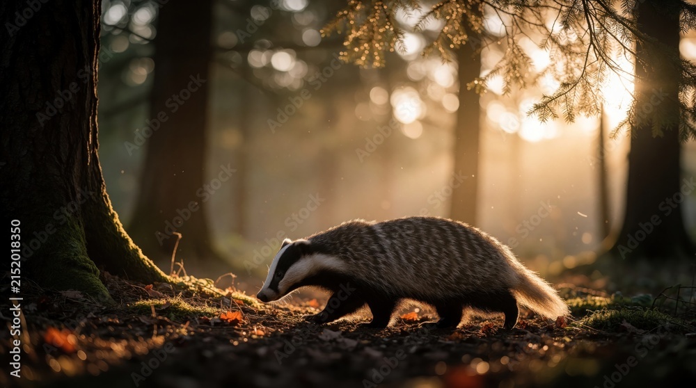 Obraz premium Badger walks on forest floor at sunset light. Wild animal moves through trees with sun rays. Woodland creature with striped face searches ground.