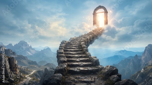Wide stone staircase leading to a glowing archway in the sky