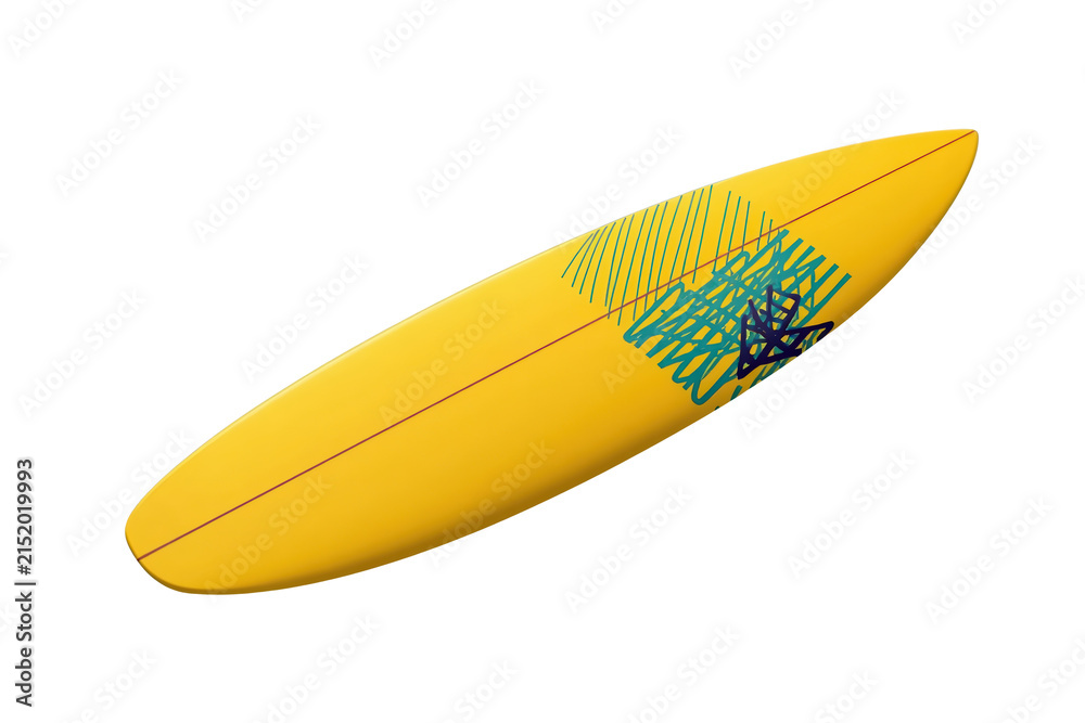 Fototapeta premium Yellow surfboard with colorful geometric pattern
