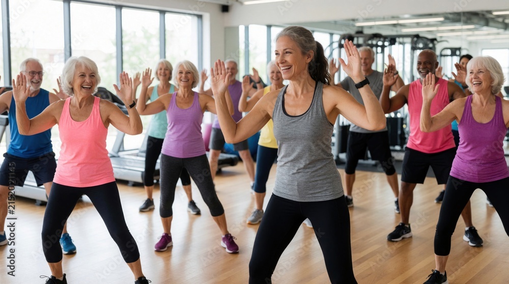 Fototapeta premium Energetic senior adults participate in lively group fitness class. Diverse group smiles, moves to music with instructor in bright modern gym studio. Pursuing healthy lifestyle for active aging,