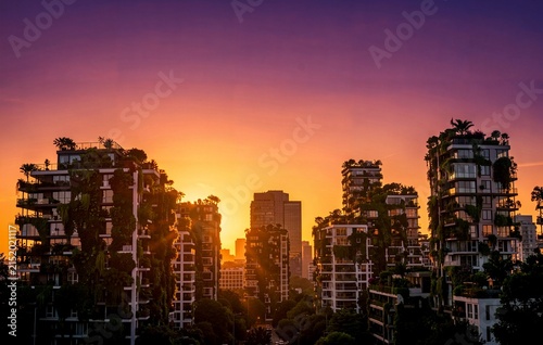 Green City Skyline at Golden Hour — Sustainable Urban Architecture Background
