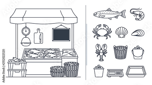 Bild auf Leinwand Seafood Market Stall with Fresh Catch and Assorted Seafood Illustrations