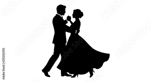 Elegant Couple Dancing Silhouette, Formal Ballroom Event Vector, Romantic Celebration Graphic, Black and White Celebration Art