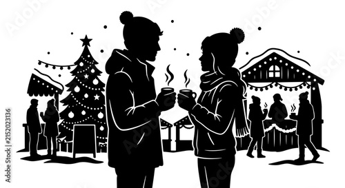 Winter Holiday Market Scene, Couple Enjoying Hot Drinks, Festive Christmas Tree and Stalls, Silhouette Vector Illustration