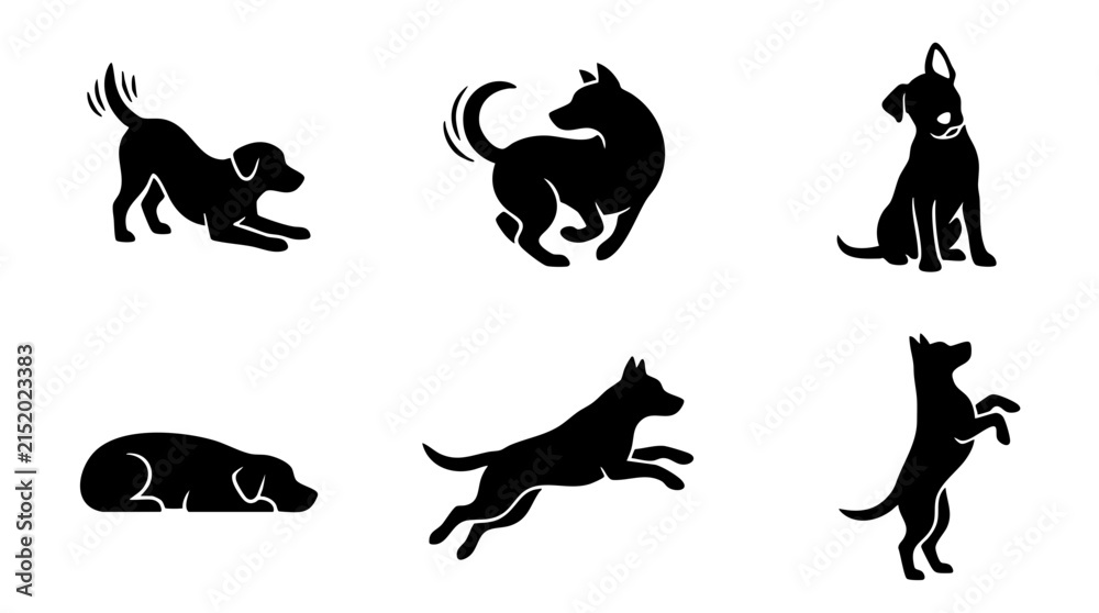 Fototapeta premium Six Black Dog Silhouettes, Vector Icons: Playful Pups, Active Canines, Resting Companion, Set for Pet Lovers, Animal Graphics