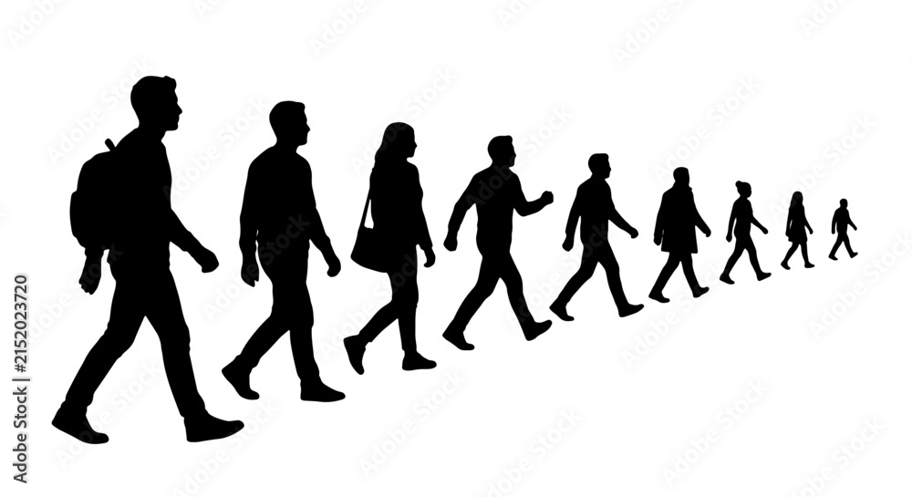 Obraz premium Diverse Group Walking Silhouette Collection, People Movement Vector Set, Casual Crowd Progression, Modern Business Lifestyle Illustration