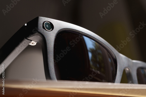 Bild auf Leinwand Close up of the camera integrated into the smart glasses frame