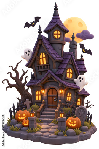 3D Halloween House with Pumpkin and Bats Illustration on Transparent Background