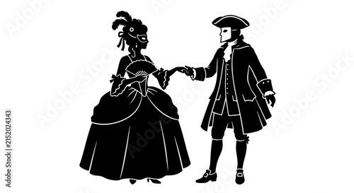 Elegant Masquerade Ball Couple Silhouette, Venetian Carnival Dancers Vector Art, Romantic Historical Costume Illustration, Black and White Celebration Graphics