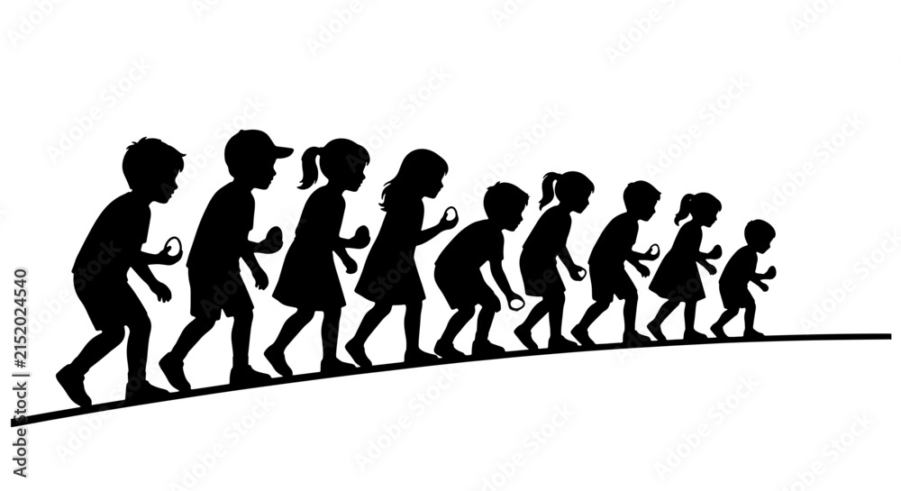 Obraz premium Diverse Children Silhouettes, Group of Kids Walking in Line, Childhood Activity Vector Art