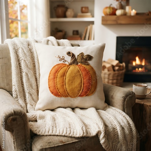 Autumn pumpkin decorative pillow on cozy blanket near fireplace with fall decor