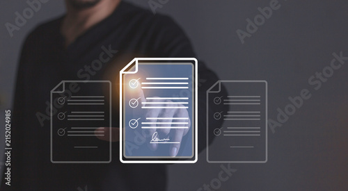 Young man uses a smartphone to sign a business contract online, Oline business contract, Electronic signature, Digital documents, Future business contract signing
