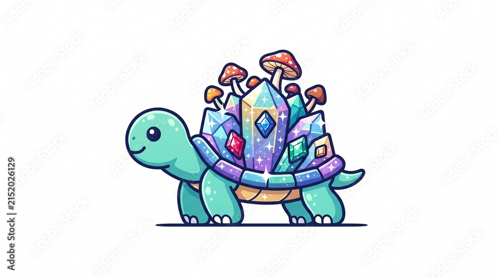Naklejka premium Cute Fantasy Turtle with Colorful Crystal Mushroom Shell