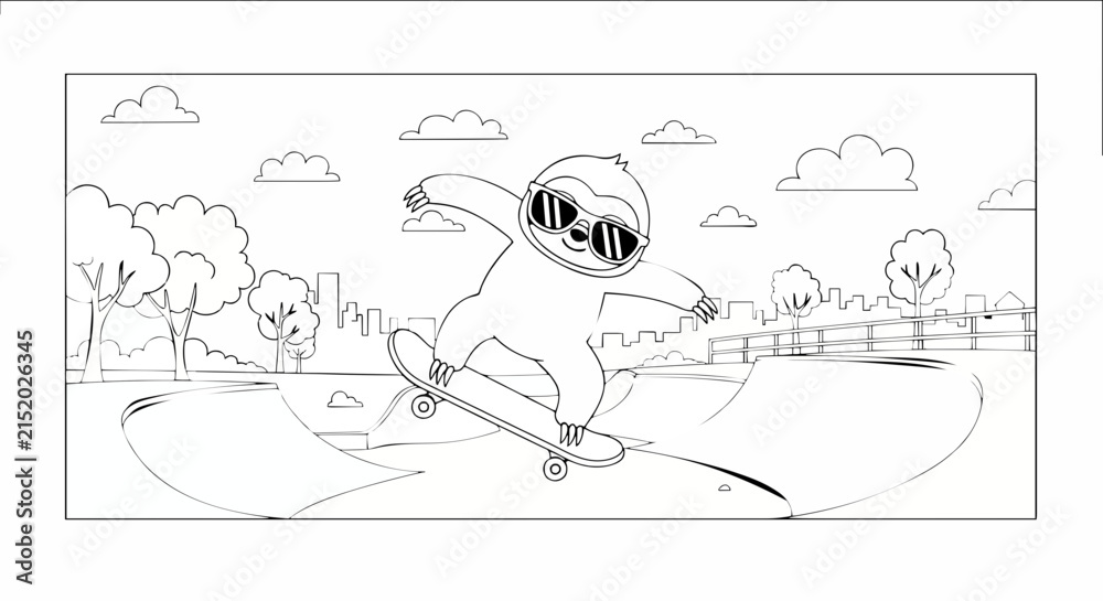 Obraz premium Cartoon sloth wearing sunglasses performing a trick on a skateboard at an urban skate park for kids coloring book.