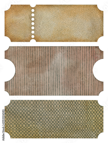 Vintage watercolor ticket templates set with retro geometric patterns. Hand painted coupons for scrapbooking, labels, invitation, tags, and branding.