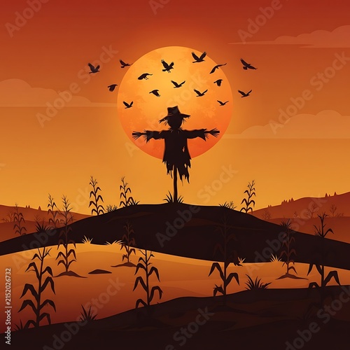 Scarecrow with outstretched arms under flock of flying crows at sunset in autumn field