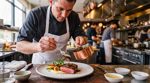 Chef's Masterpiece: A skilled chef meticulously garnishes a gourmet steak dish in a bustling restaurant kitchen, showcasing culinary artistry and attention to detail.
