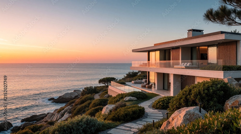 Obraz premium Modern luxury villa perched on a rocky cliff overlooking ocean at sunset. Stone path leads through lush green bushes to elegant terrace with sea view. Peaceful coastal residence at twilight.