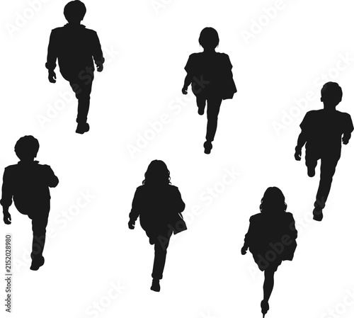 People walking top view silhouette set. Group of pedestrians walking forward overhead perspective