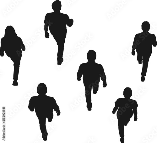 People walking top view silhouette set. Group of pedestrians walking forward overhead perspective