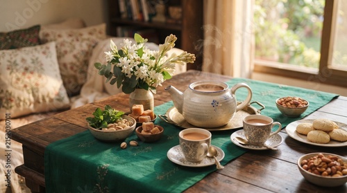 Cozy Afternoon Tea Time With Floral Teapot Teacups Flowers And Cookies On Rustic Table