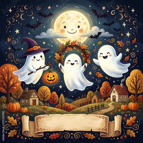 Halloween cartoon trio trick-or-treating under full moon with Spooky autumn celebration scene with glowing jack-o-lanterns and Three friendly ghost...