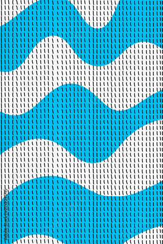 Abstract illustration of blue waves with black dashed lines on white