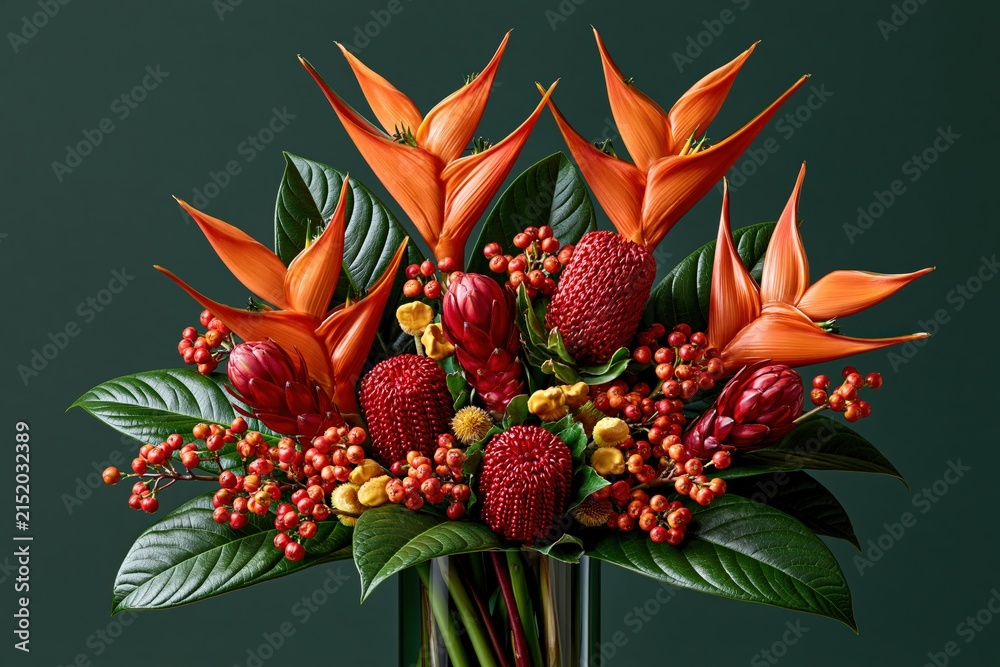 Fototapeta premium Tropical flower bouquet with bird of paradise and red protea in vase