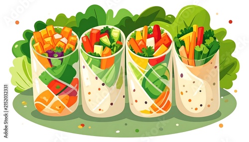 Colorful fruit and vegetable skewers on green leaves.