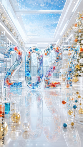 Clear sculpted numbers forming 2027 decorated with colorful glass ornaments set in a bright festive interior with reflective floor and holiday decor.