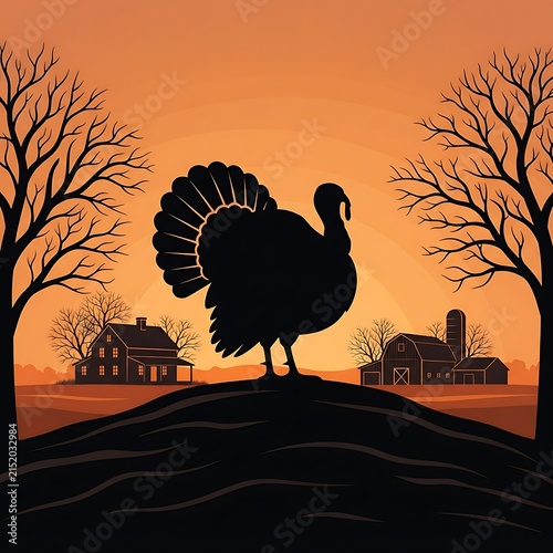 Silhouette of wild turkey on autumn hill at sunset with farm and trees in background