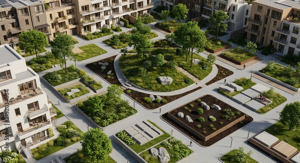 Fototapeta premium High-angle green roof city building illustration.