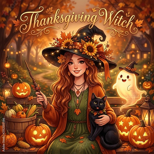 Halloween witch holding black cat and pumpkin lantern in autumn harvest festival scene