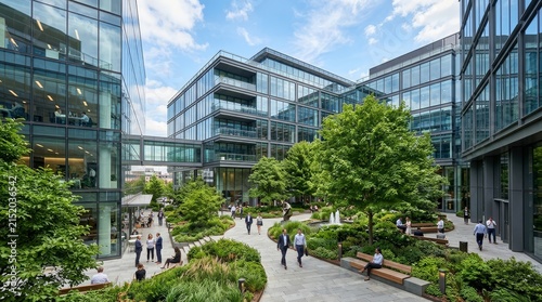 Modern Glass Office Building Complex Featuring A Landscaped Green Courtyard Fountain And Walking Business People