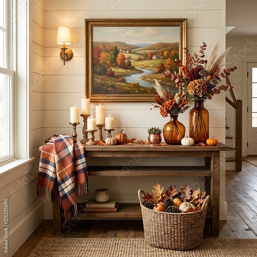 Rustic wooden console table decorated with autumn harvest and candles for cozy home fall decor