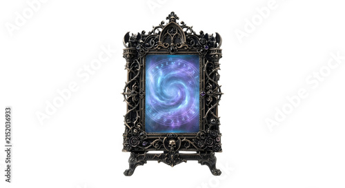 Cuadro en lienzo Gothic magic mirror with glowing purple portal and runes
