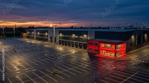 Input ingrModern Industrial Logistics Warehouse Building At Dusk With A Vibrant Red Entrance And Loading Docksedient 0