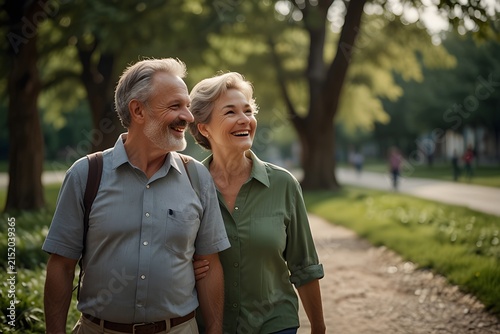 A cheerful older couple is walking together along a park pathway. They are smiling and looking at each other while enjoying the peaceful outdoor environment, with trees, grass, and soft sunlight in th