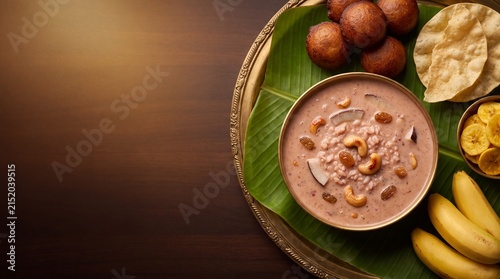 Traditional Kerala Payasam dessert in a brass bowl with unniyappam, banana chips, and papadum on a banana leaf platter, dark wooden background with copy space