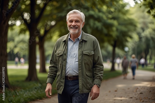 An older man with gray hair and a beard is walking through a green public park. He is wearing a casual jacket and shirt, with trees and a softly blurred park setting behind him. The image conveys an a