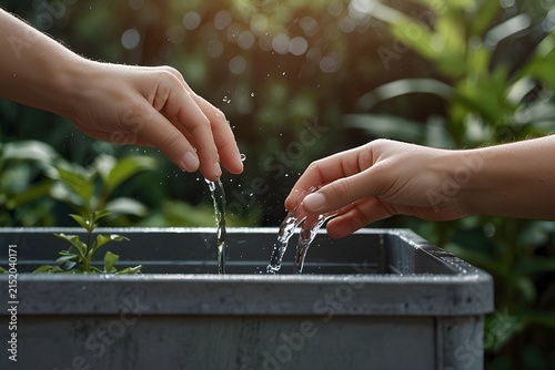 A close-up outdoor scene shows two people using their hands around a container or basin filled with water. Water is visibly flowing between their hands, while green plants and a softly blurred natural